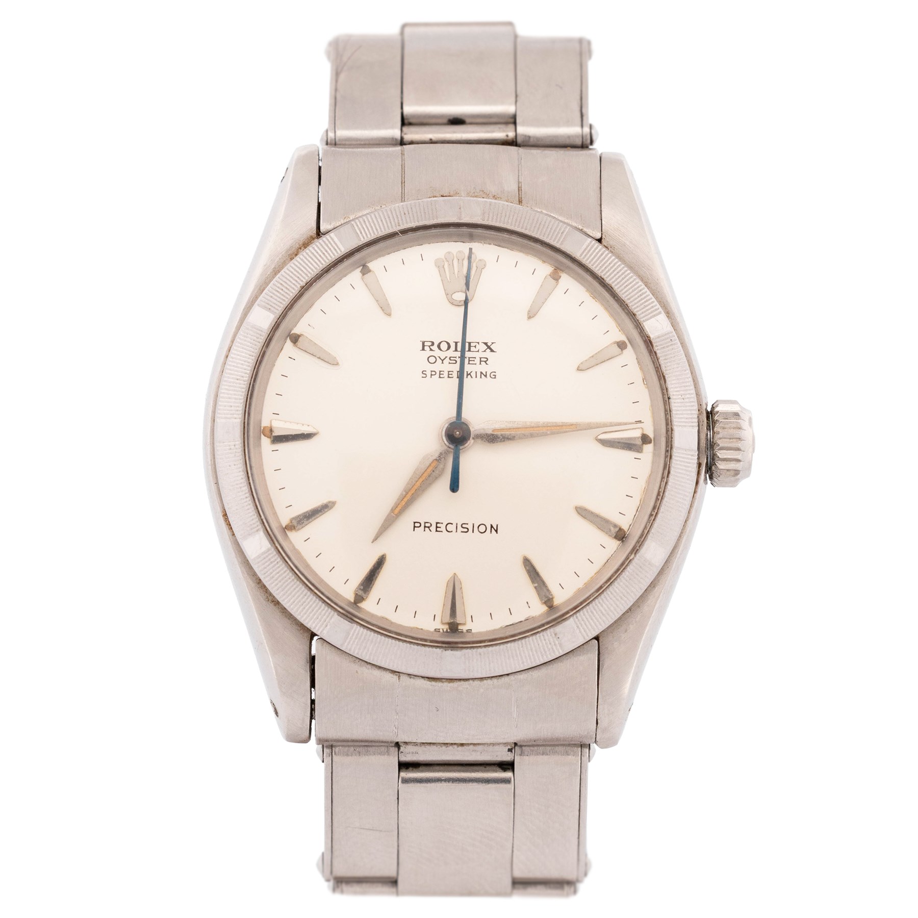 Rolex Oyster Speedking Precision gentleman's stainless steel manual wind wristwatch, circa 1961, Ref. 6421, serial No. 649563, silvered dial with dagger hour markers, on Rolex expanding stainless steel bracelet, with fold-over clasp