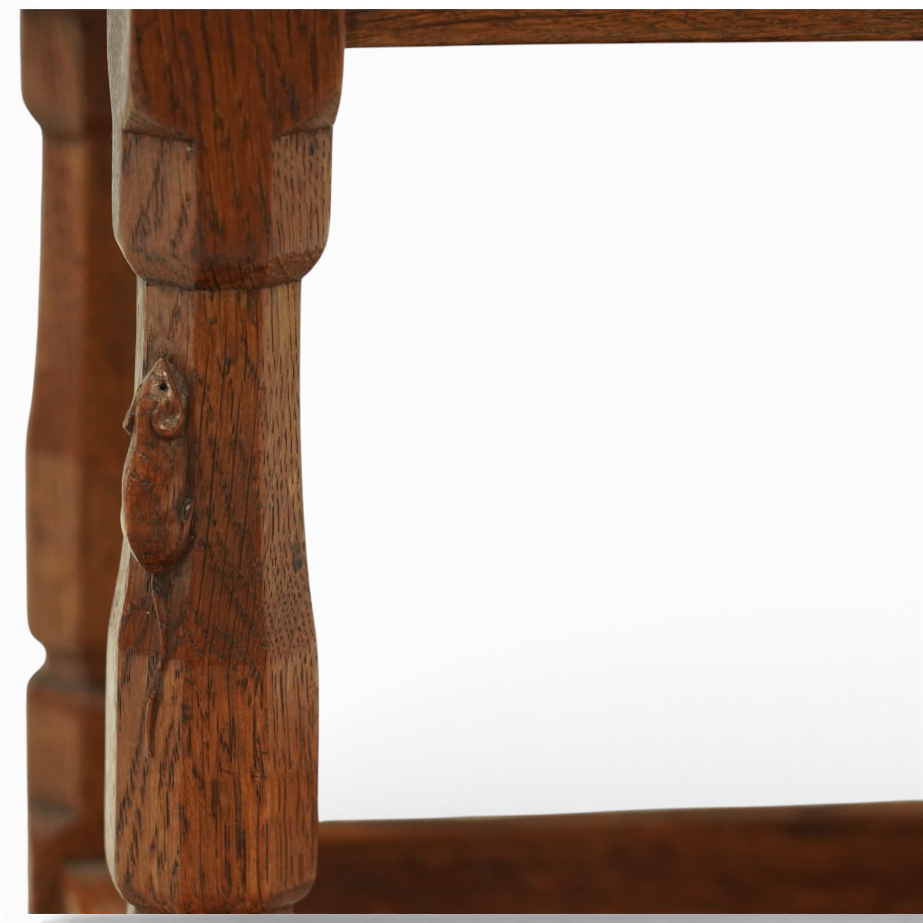 Mouseman - circa 1927 burr oak joint stool, with dished top, on chamfered octagonal supports, with  carved mouse signature, by Robert Thompson of Kilburn