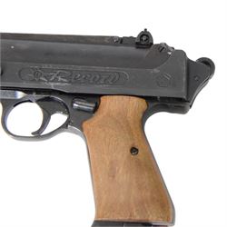 FB Record Jumbo .177 air pistol with shaped wooden grips and adjustable sights, L18cm