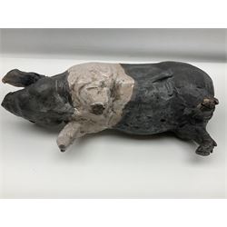 Studio pottery Saddleback pig, with artist signature beneath, H18cm, L39cm