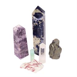 Large sodalite obelisk, together with rubellite specimen, polished fluorite and other polished specimens, sodalite obelisk H25cm  