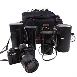 Collection of cameras and lenses including Sony Cyber-shot DSC-W830 serial no. 3225936, Praktica BX20 serial no. 9226279 with Prakticar PB 4-5.6/70-210 MC Pentacon lens, Sigma DL Macro Super 70-300mm lens serial no. 1033689 etc, variously cased