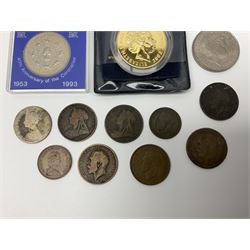 Two Great British Queen Elizabeth II five pound coins and a small number of other coins