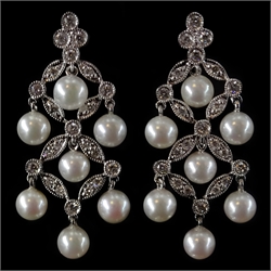 Pair of 18ct diamond and pearl chandelier ear-rings, stamped 750  