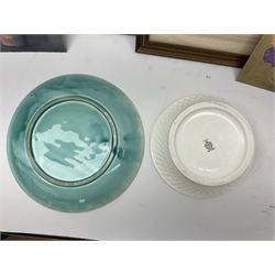Minton Marlow pattern bowl, decorated with floral sprays, D25cm, a turquoise dish decorated with blossoming flowers, D33cm, together with two framed prints pf Scarborough, etc., in one box 