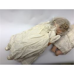 Seyfarth & Reinhardt composition head baby doll with moulded hair, sleeping flirty eyes, open mouth with one tooth and tongue and soft body with composition jointed limbs, marked 'SuR Germany 30/5' H47cm; together with a Golborne Dolls 'Golborne Beauty' composition head and body bride doll, marked 'F.P.23' in original box H63cm (2)