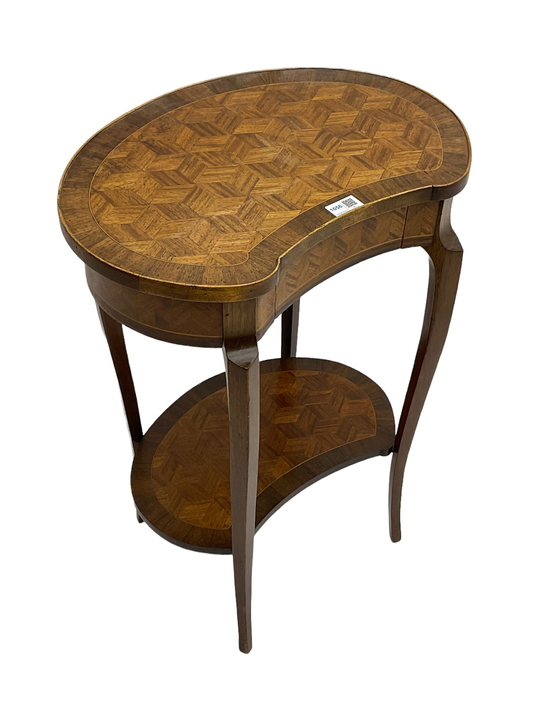 French style walnut parquetry kidney shaped table, fitted with frieze drawer, on cabriole supports united by undertier