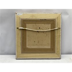 Rachel Robb (Australian 1969-): Cherries on Plate with Wine Bottle, oil on panel, signed verso c.1990, 30.5cm X 30.5cm 
Notes: Rachael was born in Warrnambool, Australia. In 1990, after studying Fine Art at the School of Art, RMIT University  Melbourne, she travelled extensively throughout the world living for a number of years in San Francisco and Prague before settling in London, returning to her home country in 2020