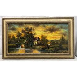 Continental School (20th century): Watermill at Sunset, oil on canvas indistinctly signed 48cm x 98cm