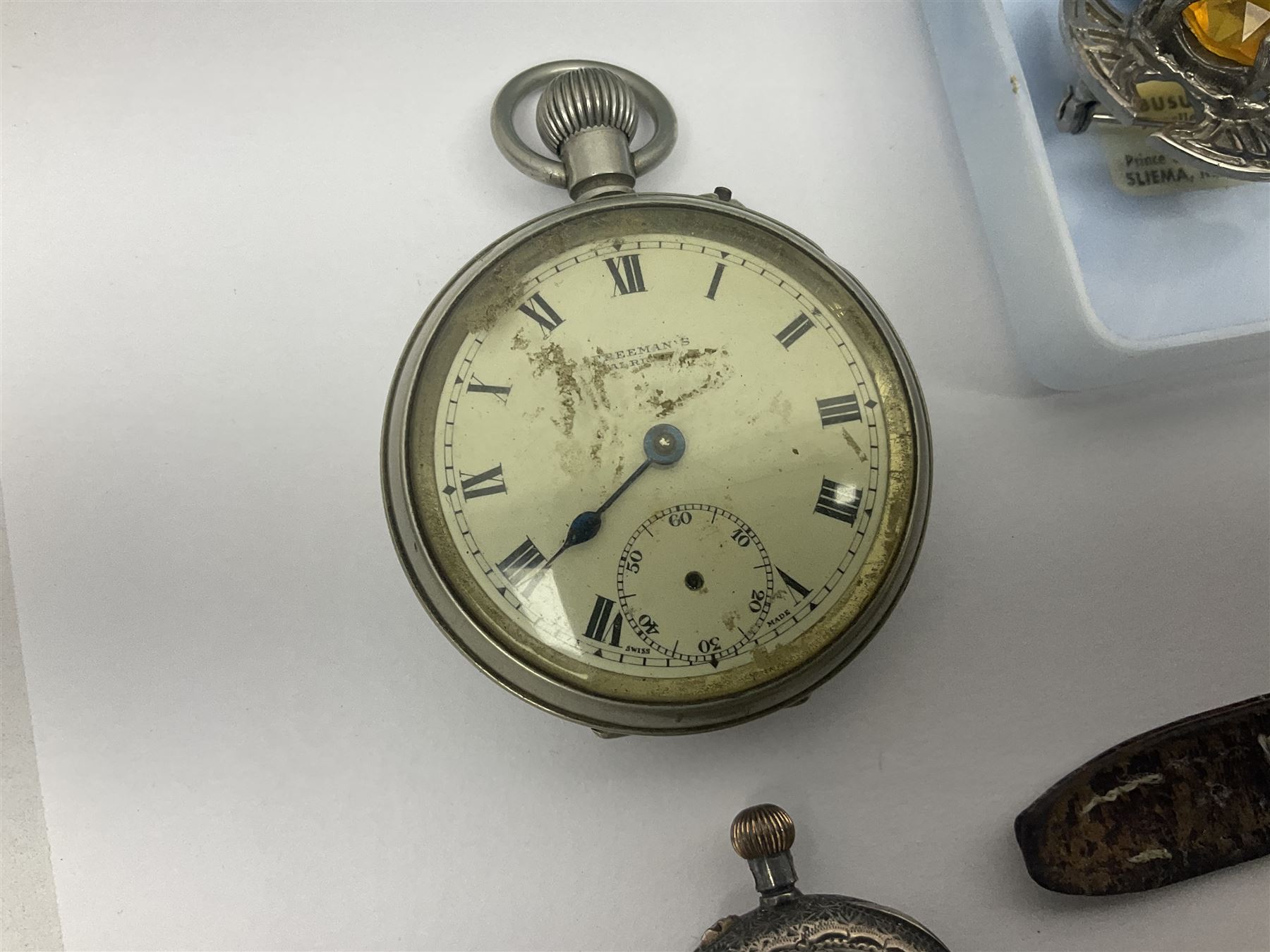 Scottish silver Ola Gorie arctic tern brooch and a matching pair of earrings, 9ct gold stud earrings, collection of costume jewellery, three wristwatches including Ingersoll and Rotary, a Freeman's Alright pocket watch and a continental silver fob watch stamped 935