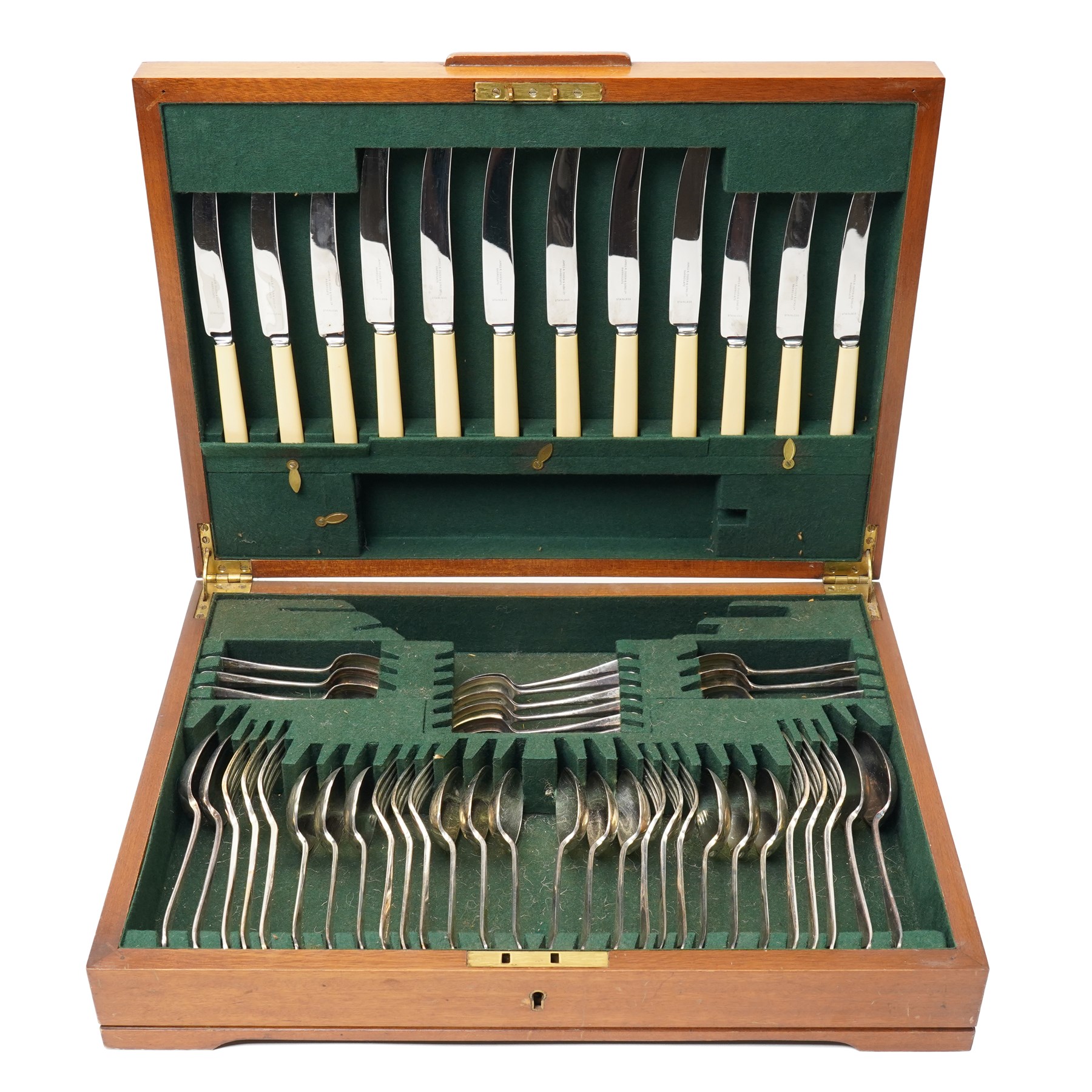 Canteen of silver plated cutlery for six covers by Cobb & Co with bone handled knives marked Ogden, Harrogate in mahogany box, 52 pieces