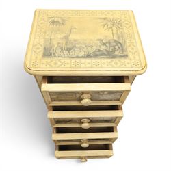 Traditional design cream painted lacquered pedestal chest, rounded moulded top over four short drawers, the drawer fronts decorated with monochrome printed animal scenes, conforming foliate and geometric borders to the top and sides, turned handles, on bun feet