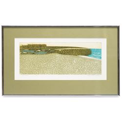 John Brunsdon ARCA (British 1933-2014): 'The Cobb' - Lyme Regis, coloured etching signed and titled in pencil 11cm x 29cm