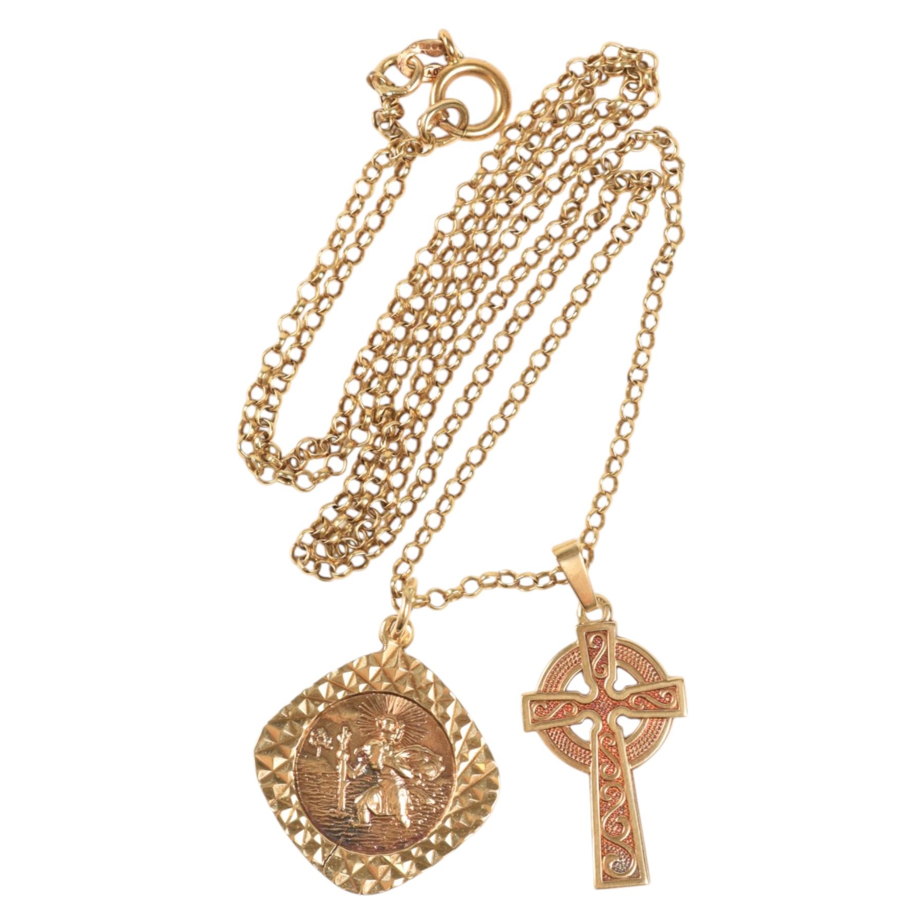 Gold St Christopher's pendant necklace and a gold cross pendant, all 9ct 