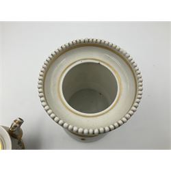 Two 19th century continental teapots and warmers, each teapot upon a cylindrical warming base, hand printed with seascapes, largest H22cm 