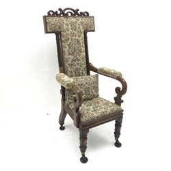 Victorian Prie Dieu walnut chair, carved cresting rail, upholstered back seat and scrolling arms, turned carved and tapering supports, W53cm