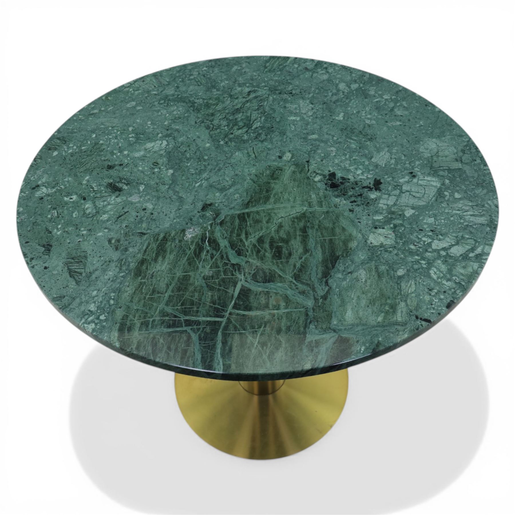 Contemporary marble top pedestal table, green circular marble raised on a brushed brass column  