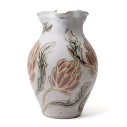 John Egerton (c1945-2024): studio pottery jug, decorated with artichoke on a blue ground, with mark beneath, H22cm 