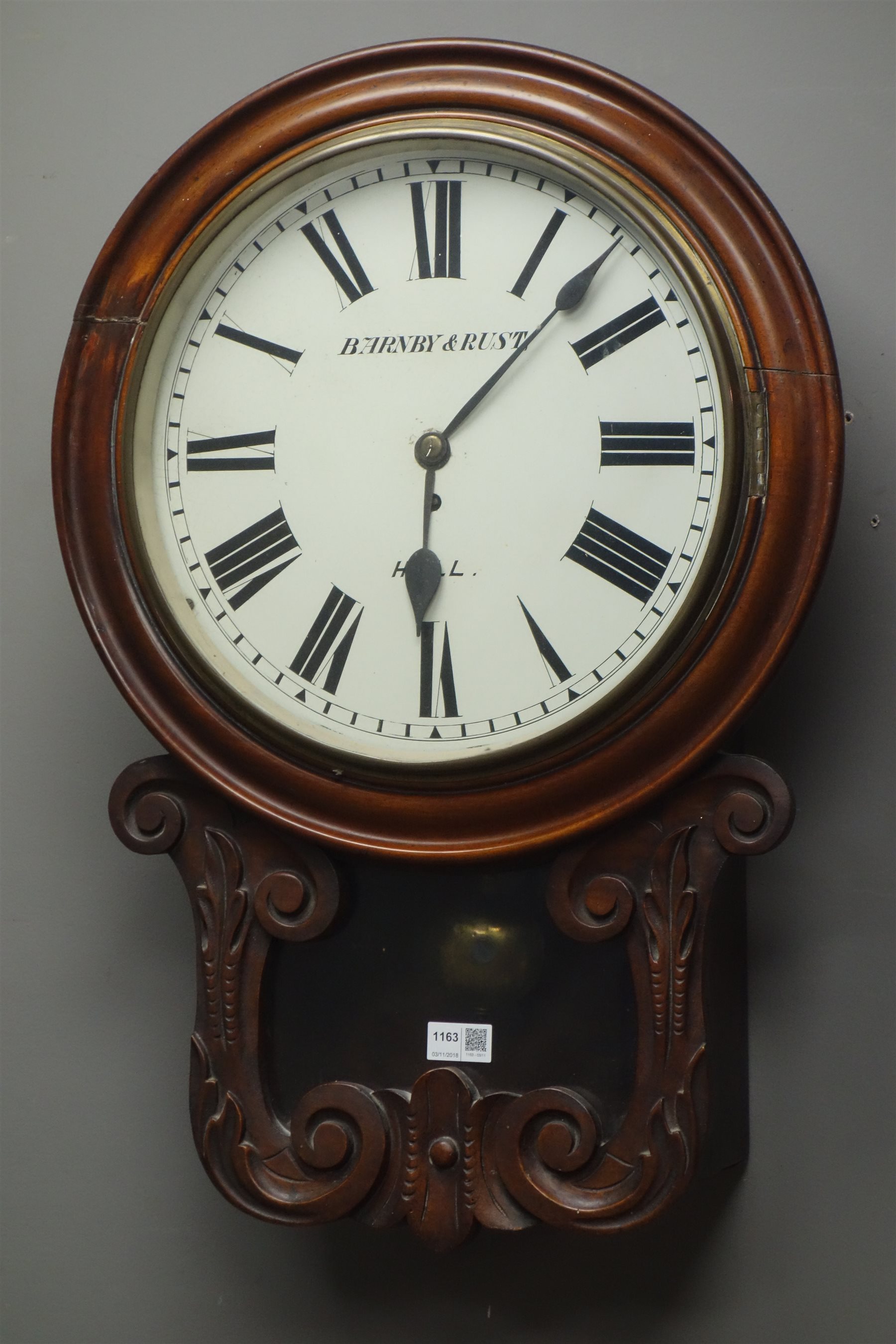 Victorian walnut cased drop dial wall clock, scroll carved and glazed