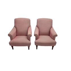 Pair traditional shaped armchairs, upholstered in red patterned fabric, on turned front supports