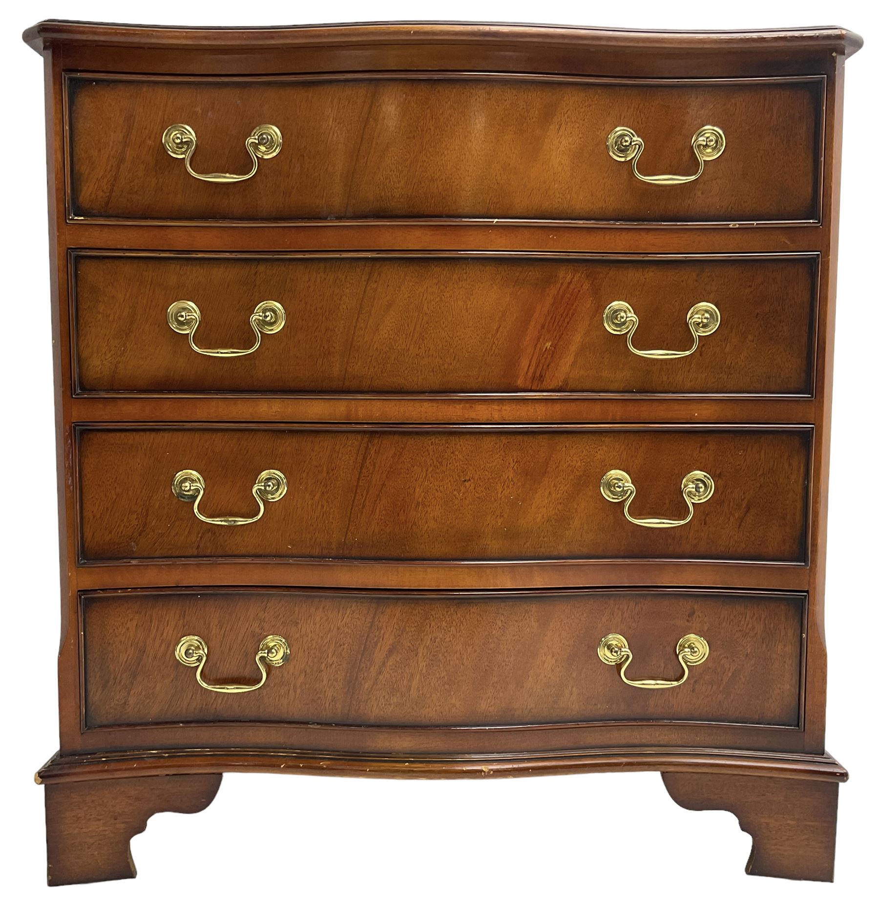 Georgian design mahogany serpentine chest, moulded top over four cock-beaded drawers, on bracket feet