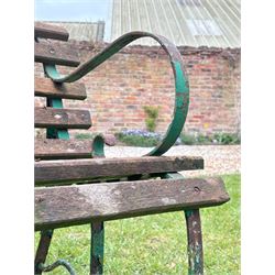 19th century scrolled wrought iron park bench with teak slatted seat and back. H76cm, L183cm, D65cm.  - COLLECTION BY APPOINTMENT FROM: The White House, Thirsk Road, Easingwold, York, YO61 3NF - CALL 01723 507111 TO ARRANGE