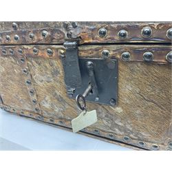 19th century pony skin dome top trunk with metal studded detail, the inside paper label inscribed 'Arabella Brown Trunk, Cheft, Box Maker & Undertaker', H25cm, L46cm 