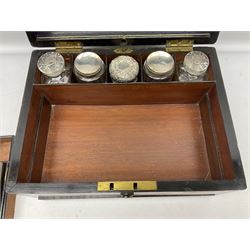 Victorian walnut vanity case with fitted interior, lift-out tray and sprung secret drawer, with silver and silver plated contents, H18cm