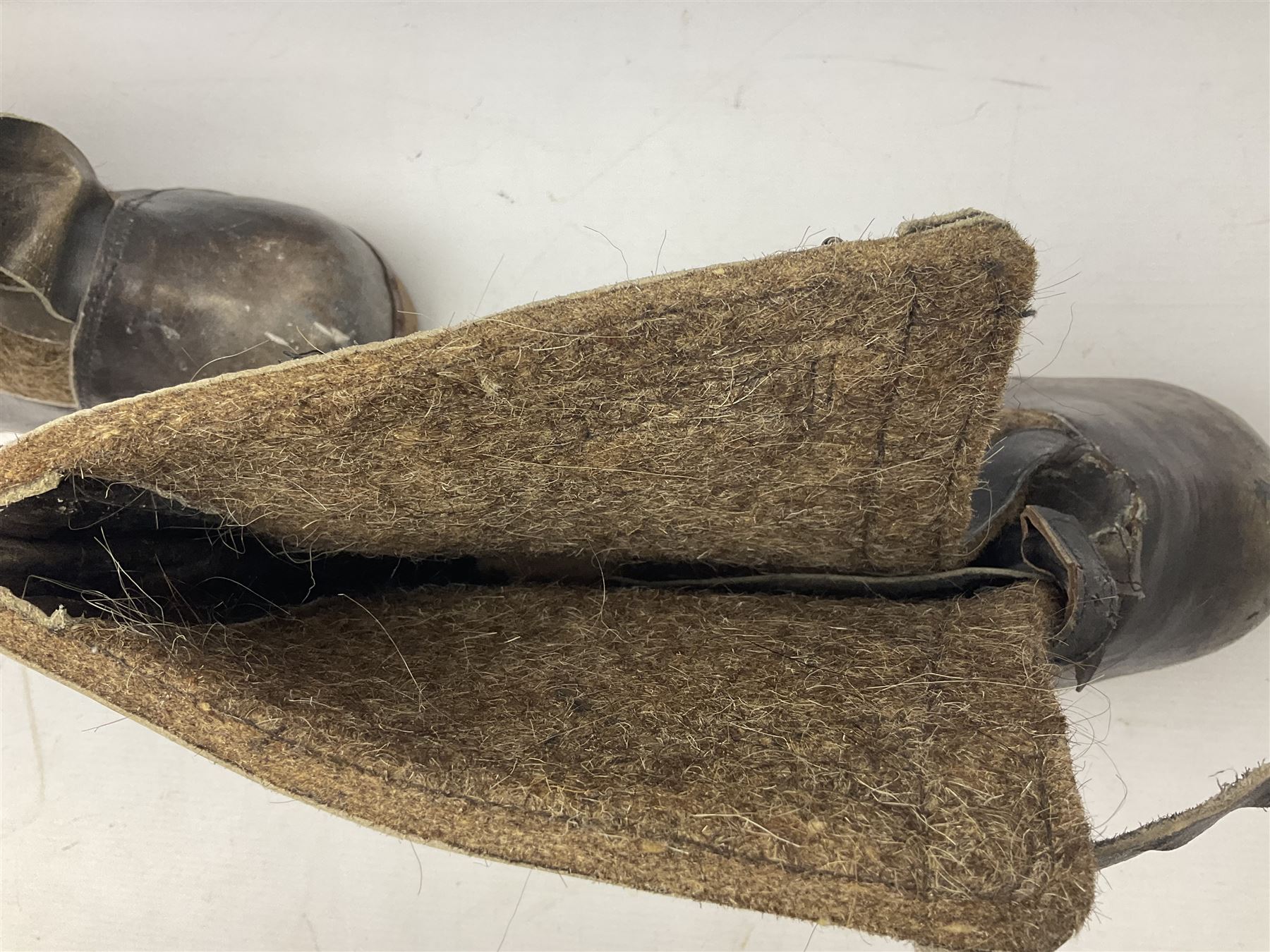 Pair of German winter snow boots, leather and felt with wooden soles; together with a replica WW2 German Luftwaffe car pennant (3)