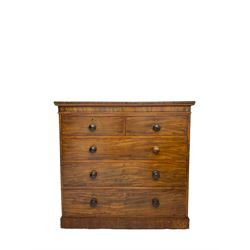 19th century mahogany straight-front chest, banded frieze over two short and three long drawers, each with turned handles, on plinth base