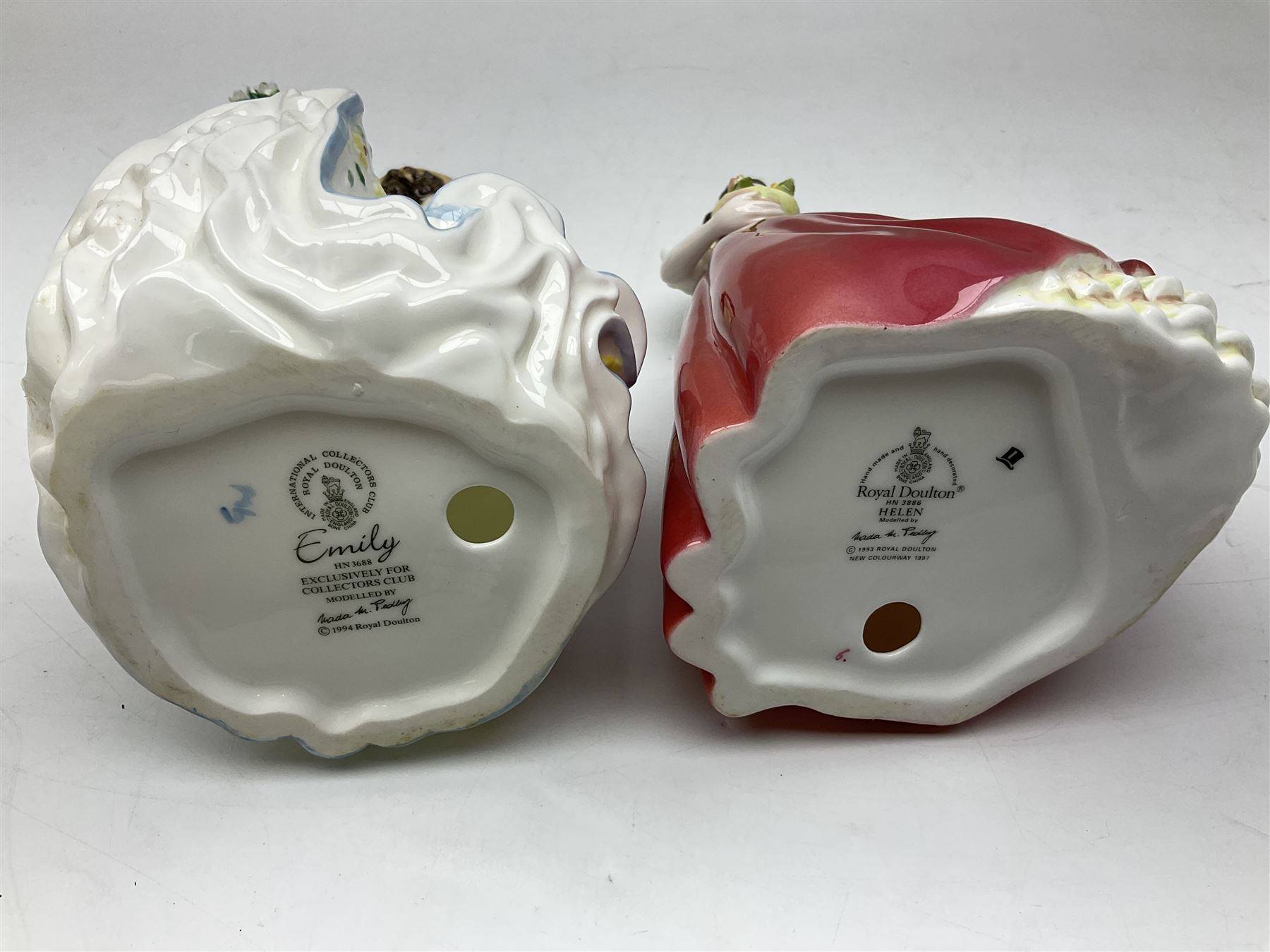 Five Royal Doulton figures, comprising Flower of Love HN3970, Emily HN3688, Southern Belle HN2229, Helen HN3886 and My Love HN2339, all with printed mark beneath, some with boxes, together with a Royal Doulton Figures reference book by D Eyles and R Dennis