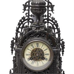 Late 19th century mantel clock with ivorine dial, bell strike, in cast metal case and a 365 day clock under glass dome shade