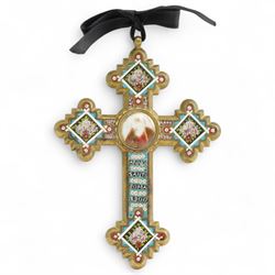Italian micro mosaic cross, the central panel depicting a solitary female figure, each poi...