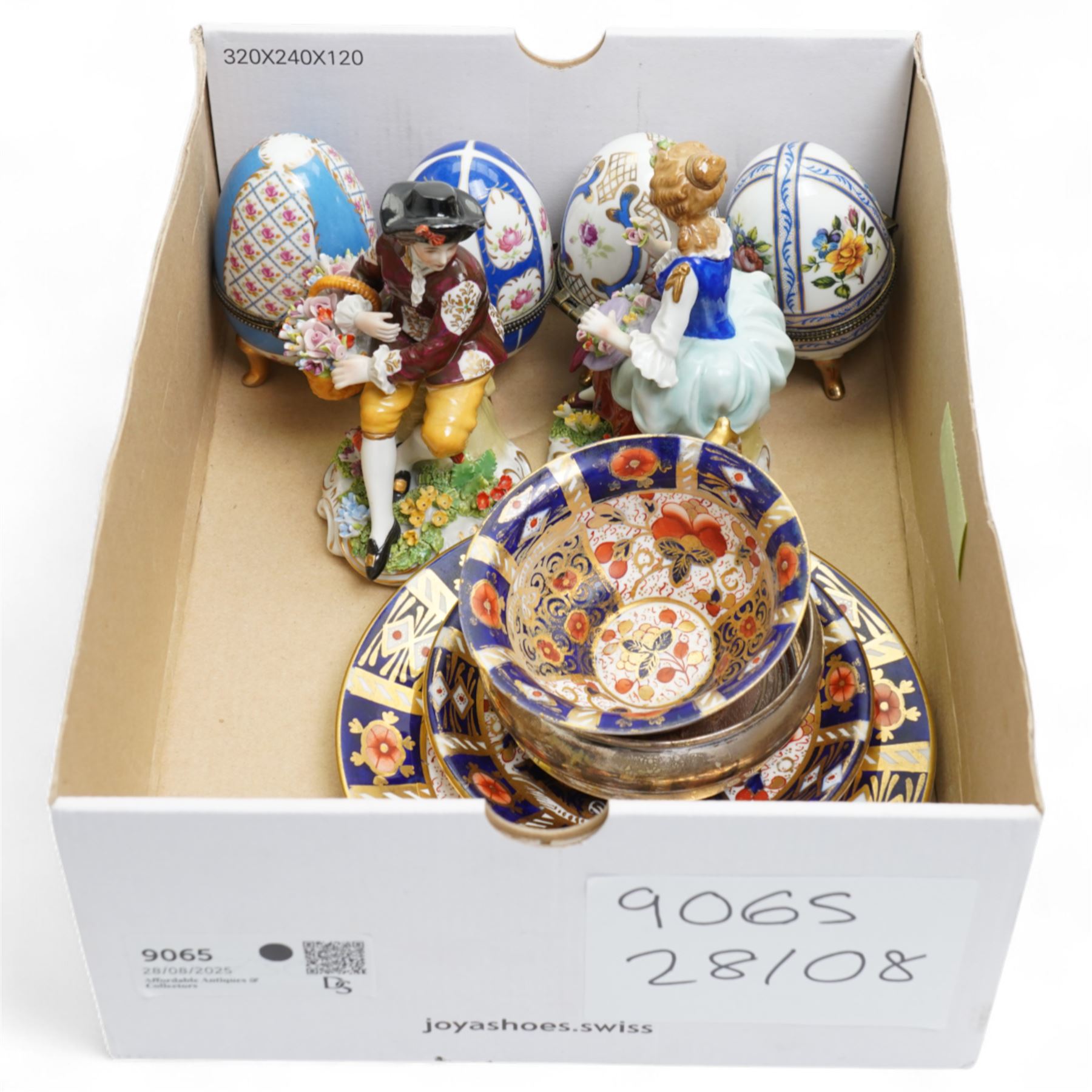 Silver bottle coaster, four limoges egg trinket boxes, two sitzendorf figures, and a Pointons imari trio