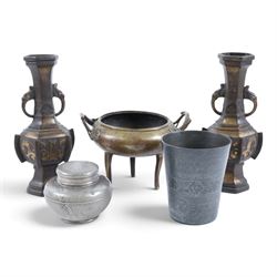 Pair of vases, of Hexagon form with chilong handles, together with tripod censer, and two ...