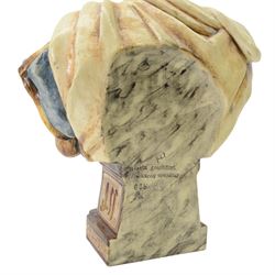 Pair of 19th century German majolica busts, modelled after biblical figures, as a male and female figure in Eastern dress, upon a plinth detailed with script, impressed marks verso 'Gesetz Geschützt' , H37cm