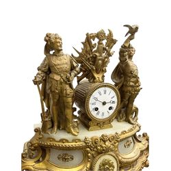 French - late 19th century 8-day mantle clock in a spelter case  with alabaster panels, drum movement flanked by figures in 18th century costume , white enamel dial with Roman numerals and steel moon hands, count wheel striking movement striking the hours on a bell. With pendulum.