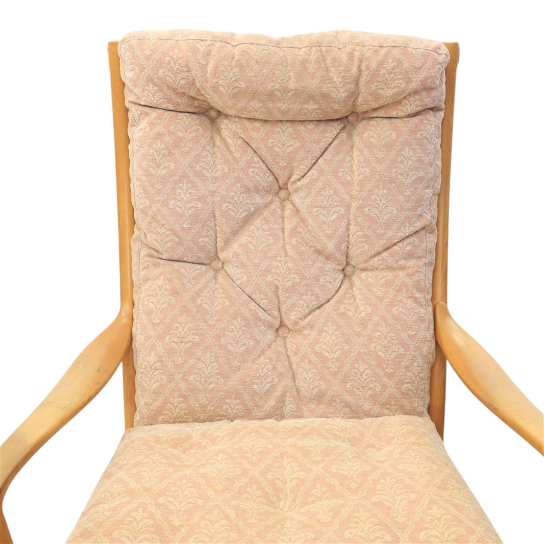 Parker Knoll -model '480' rocking beechwood chair, loose seat cushions above an elasticated webbing seat, curved rocker base 