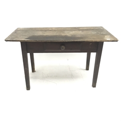 Stained pine table, single drop leaf and drawer, square supports, W140cm, H79cm, D88cm