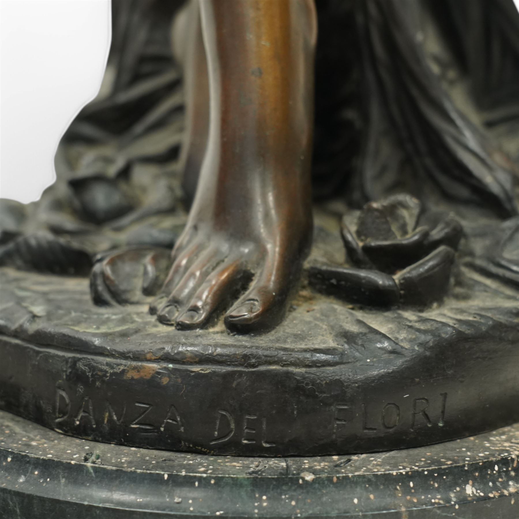Giorgio Ceragioli (Italian 1861-1947): 'Danza Del Flori' -The Flower Dancer, large patinated bronze figure of a female dancer draped in a flowing garment and holding a rose, on a circular naturalistic floral base, on a marble plinth, signed and dated 1910, titled to the front, H140cm