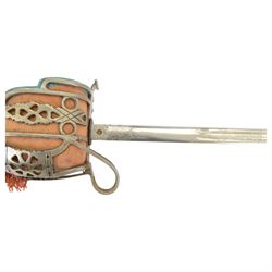 Reproduction Scottish basket infantry sword, 1828 pattern, the L79cm blade, etched with thistles and scroll work, dome pommel with a ball finial, basket hilt with heart piercing, with a steel scabbard, overall L98cm