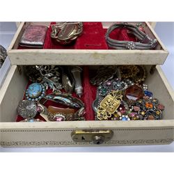 Collection of vintage and later brooches and costume jewellery, Victorian silver vesta case, silver-plated hip flask, Victorian pinchbeck swivel mourning brooch