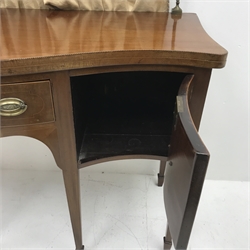 Edwardian mahogany sideboard, raised back rail with turned finals above serpentine top with box wood and chevron stringing, centre drawer and two cupboards, square tapering supports with spade feet, W133cm, H132cm (including rail), D55cm