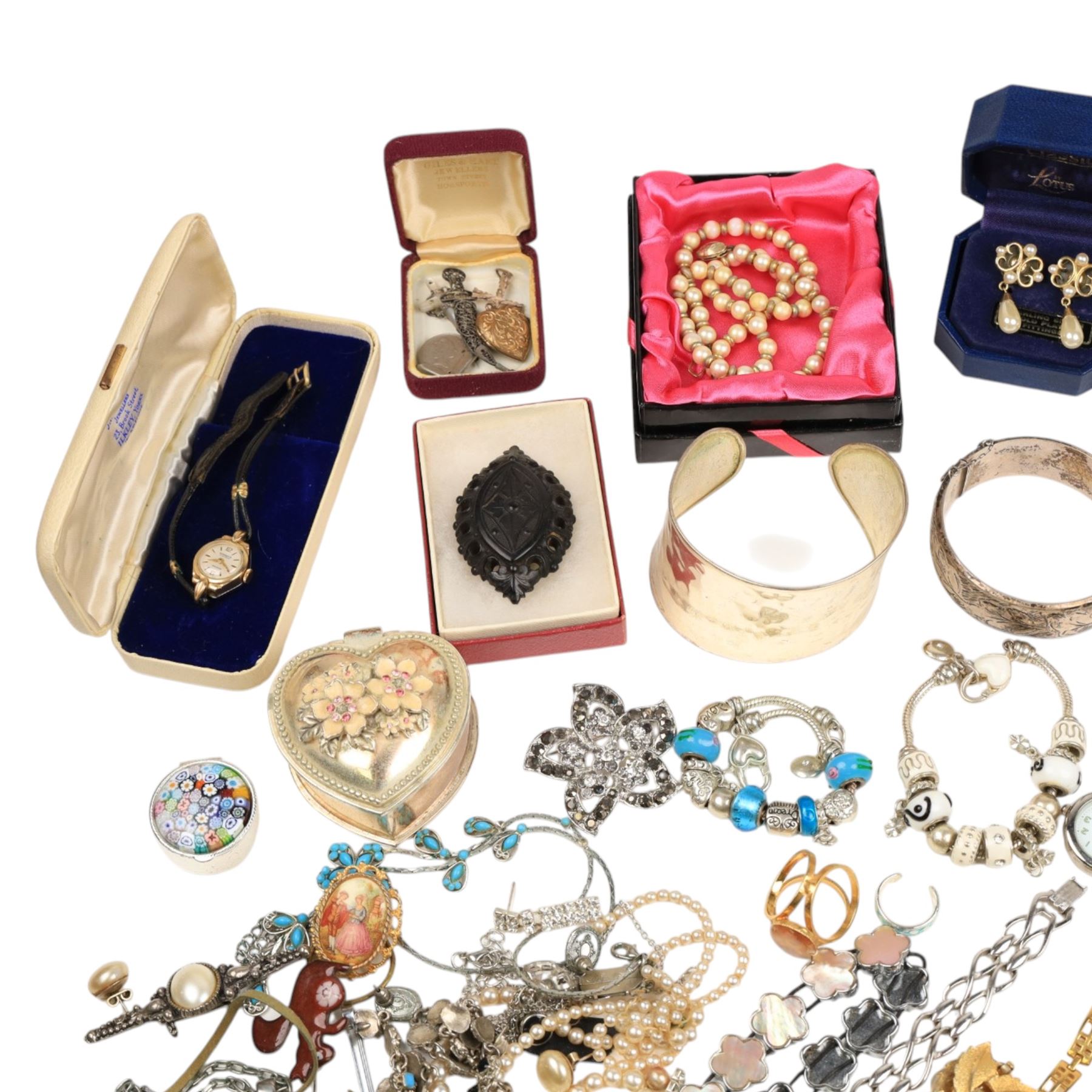 Silver jewellery, including bangle, ring and earrings, collection of costume jewellery and wristwatches