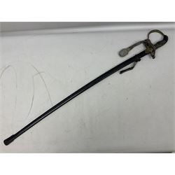 WW2 German Army Prinz Eugen Pattern Officers Dress Sword by Carl Eickhorn, the 80.5cm slightly curving fullered blade with makers name to the ricasso, gilt brass hilt with eagle to the cross-piece and relief of oakleaves to the ferrule, Prinz Eugen style down winged eagle to the pommel of the backstrap; grip retains the original wire binding; in original black painted scabbard with single hanging ring, leather hanger marked 'RZM M5/71 OLC' and silvered knot L97cm overall