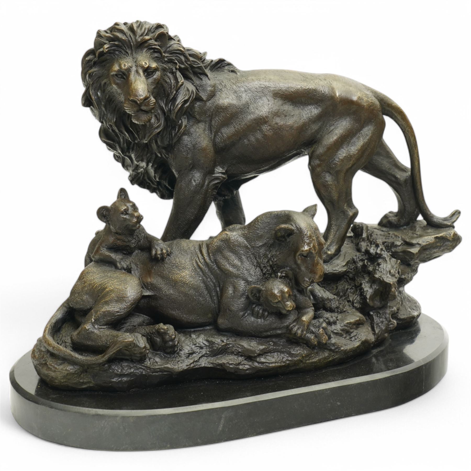 After Barye - Bronzed big cat family group of lion, lioness and two cubs on oval marble base 31cm x 36cm