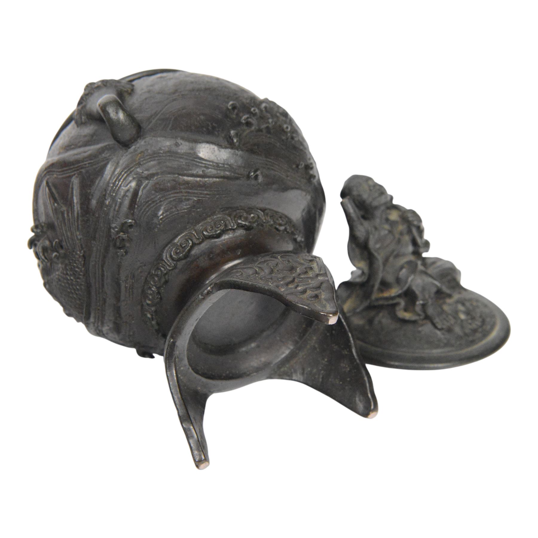 Pair of Japanese bronze koro, raised upon three feet, he body of the koro decorated with figures and animals, the cover mounted with figures, H24cm