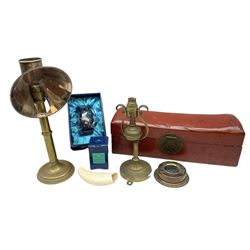 19th century brass and silver-plate candle lamp of student form, H38cm, together with another brass wall light, red lacquer box, resin Scrimshaw style engraving of whale and boats at sea, glassware etc