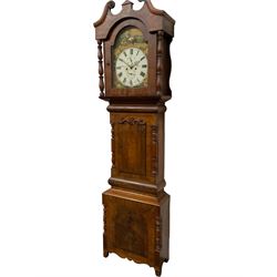 Francis Allison & Co. Finkle Street Richmond - late 19th century 8-day mahogany veneered longcase clock, with a swan’s neck pediment and break-arch hood door flanked by ring turned pillars, broad trunk with cushion moulding and recessed half-pillars to the sides, short trunk door with carved cresting to the top, rectangular plinth with conforming side pillars, fully painted 13” dial with matching brass hands, Roman numerals, minute track, subsidiary seconds and date dials, diagonally matched painted  spandrels and a depiction of a seated shepherd to the break arch, dial pinned directly to an eight-day rack striking movement, striking the hours on a bell. With weights and pendulum. 