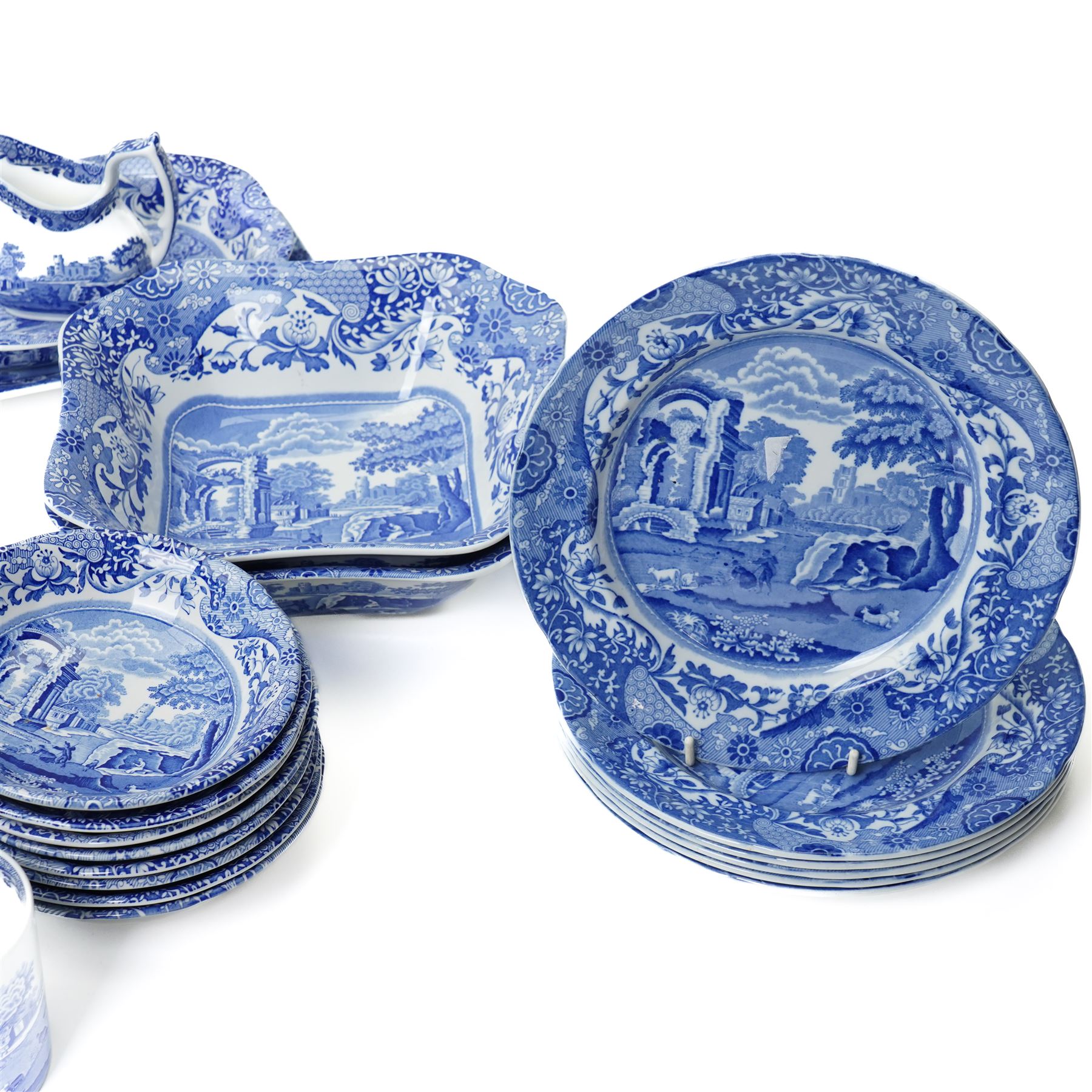 Large and extensive collection of Spode Italian blue and white tea and dinner wares, including various sized plates, serving dishes, mugs, etc, with mixed blue and black backstamps